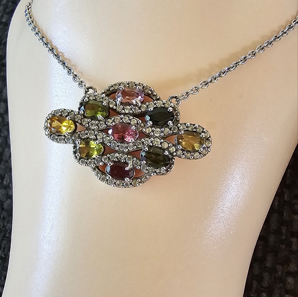 Multi- color Tourmaline and Zircon 925 sterling silver necklace.
